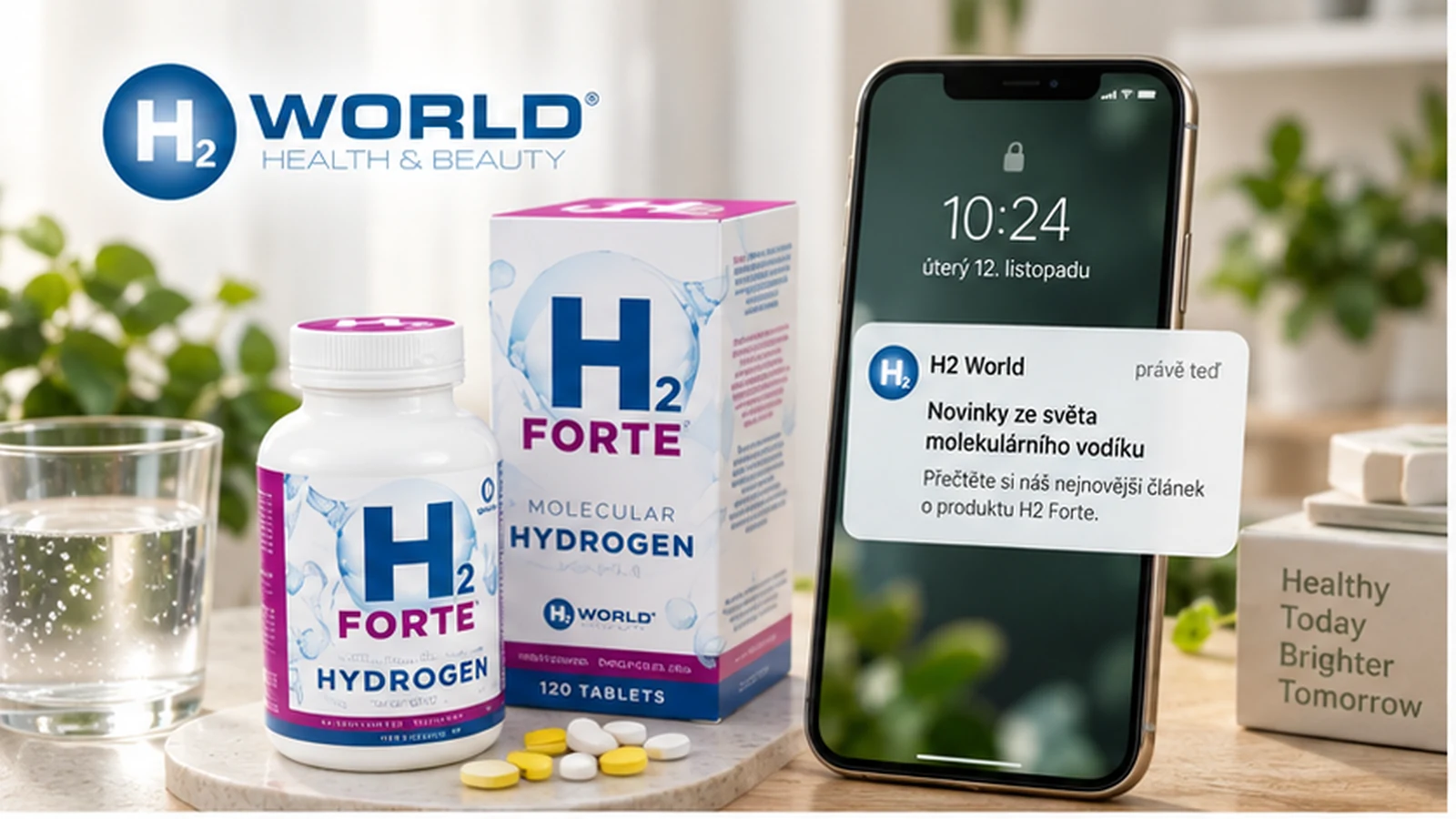 Produkty H2 World a telefón s oznámením o novom profesionálnom článku